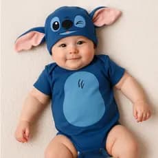 Body Bebê Lilo + Touca 100% Algodão Temático Mesversário Kit 2 Peças