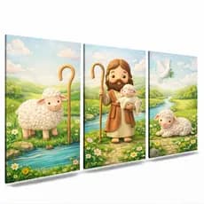 Quadros Decorativos 3 Peças o Bom Pastor Religioso Jesus e Ovelhinhas Cristão Delicado Para Quarto de Bebê