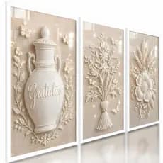 Quadros Decorativos Trio Floral Flor Branca Paz Vaso Escultura Sala Luxo