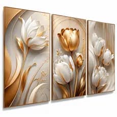Quadros Flores Tulipas Brilhantes 3 Peças Para Sala Quartos Decoração Tulipas Douradas Golds