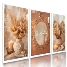 Kit 3 Quadros Decorativos Boho Gratidão Estilo Rústico com Vasos e Velas