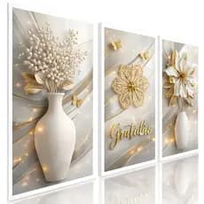 Kit 3 Quadros Decorativos Trio Vaso Flor Branco Escultural Exclusivo Sala