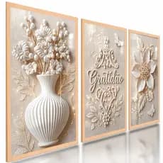 Quadros Decorativos Flor Branca Vaso Escultura Moderno Paz Tranquilidade Sala