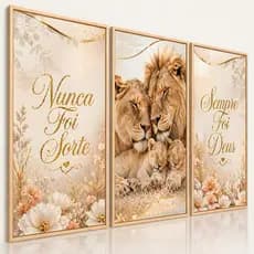 Kit Quadros Decorativos Nunca Foi Sorte Sempre Deus Fé Leão Família Sala