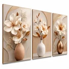 Kit Quadros Flores Vasos de Flores 3 Peças Delicadas Rosas Luxo Gold Para Sala Quarto Importado 120x60cm