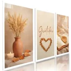 Kit 3 Quadros Decorativos Folhas Gratidão Fé Trigo Prosperidade para Sala