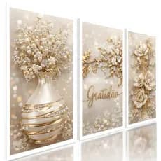 Kit 3 Quadros Decorativos Trio Floral Dourado Luxo Moderno Gratidão Sala