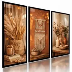 Quadros Decorativos Trio Vaso Floral Flores Gratidão Marrom Trigo Sala