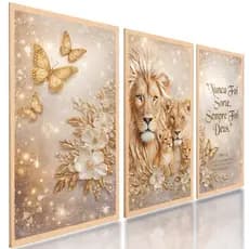 Quadros Decorativos Trio Leão Filhotes leoa Frase Motivacional Sala Moderno