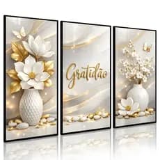 Quadros Decorativos Trio Gratidão Fé Flores Vasos Para Sala Moderno Dourado