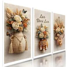 Quadros Decorativos Trio Moderno Sofisticado Floral Vaso Flor Verde Branco Gold Sala