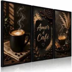 Quadros Decorativos Kit 3 Peças Café Cantinho Amor Luxo Espaço Trigo Cafeteria Moderno
