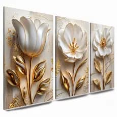 Quadros Flores Delicadas Brancas Brilhantes 3 Peças Fundo Branco Com Flores Douradas