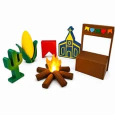 Kit Decoração de Festa Junina Completo Com Fogueira de LED Igreja, Barraca Milho Cacto e Bandeirinha