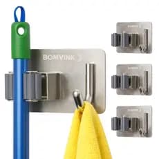 Kit 3 Suportes Vassoura Rodo em Aço Inox Gancho Adesivo 3M