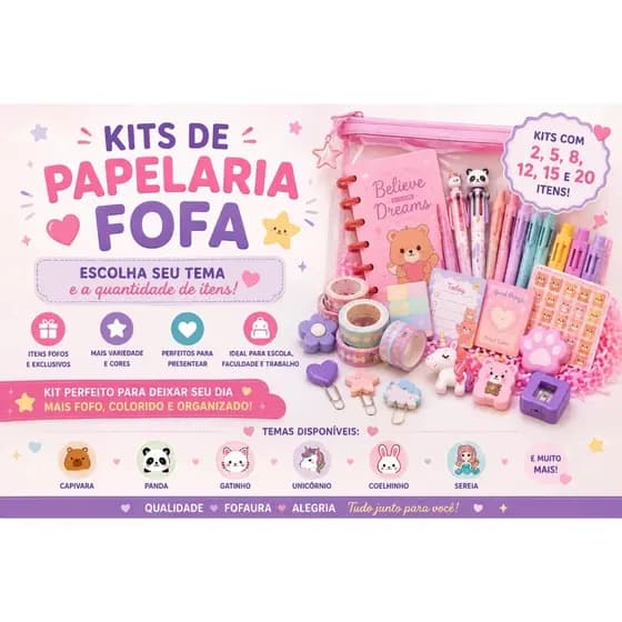 Kit Papelaria Fofa Surpresa | 2, 5 ou 8 Itens | Escolha o Tema | Capivara, Panda, Gatinho, Unicórnio e Mais