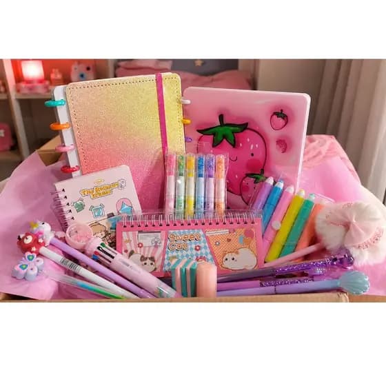 Kit Papelaria Fofa Completo Escolar Presente Caderno Canetas Marca Texto Kawaii