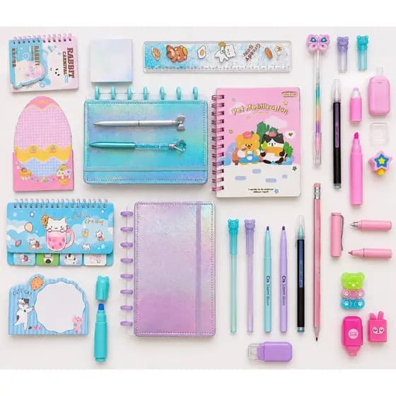 Kit Papelaria Fofa Pequeno Criativo Caderneta Post-it Caneta Marca Texto Cute 6 itens