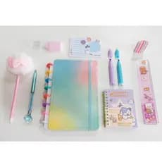 Kit Papelaria Fofa Completo Deluxe Caderno Disco Caderneta Canetas Presente 11 itens