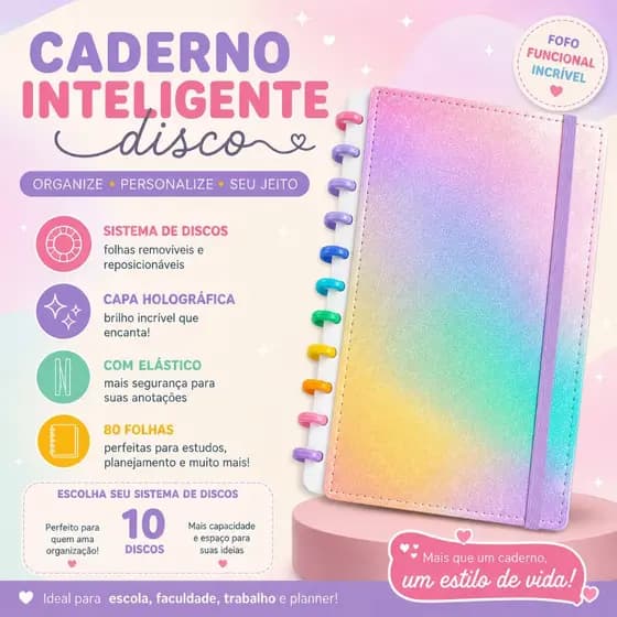 Caderno Disco Inteligente Folhas Removíveis Glitter Holográfico B5 10 Discos