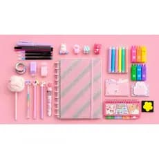 Kit Papelaria Fofa Completo Escolar Caderno Disco Caneta Gel Marca Texto 8 itens