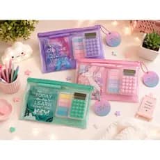 Kit Papelaria Fofa Completo com Estojo Transparente Mini Caderneta Caneta Mini Calculadora Post-it | Presente Kawaii