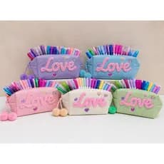 Estojo Escolar Love Grande | Estojo de Tecido com Zíper Reforçado, Pompons e Lantejoulas | Porta Canetas Espaçoso