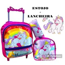 Kit Mochila Infantil de rodinha do unicórnio rosa estojo + lancheira creche
