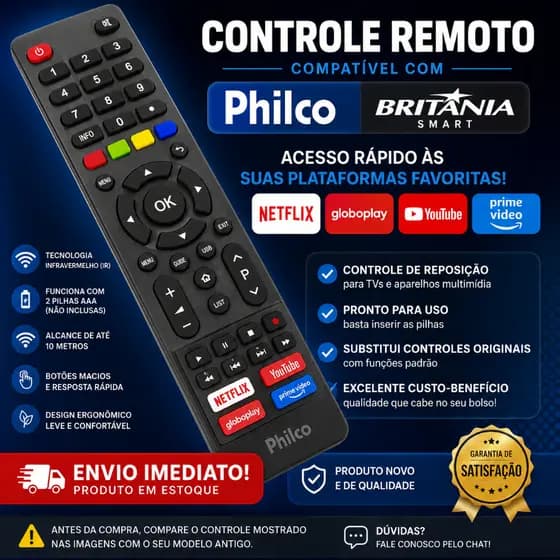 Controle Remoto Compatível com TV Philco e Britânia Smart Teclas Netflix, Globoplay, Youtube e Prime