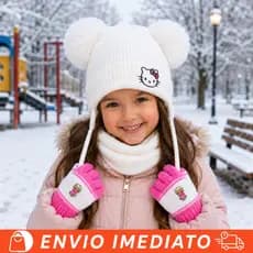 Kit Touca Infantil Hello  + Luvas de Inverno Menina 2 a 6 Anos Peluciada Quentinha Proteção Contra Frio
