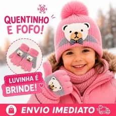Touca Infantil de Inverno Ursinho com Pompom + Luvinha Brinde Quentinha 1 a 6 Anos