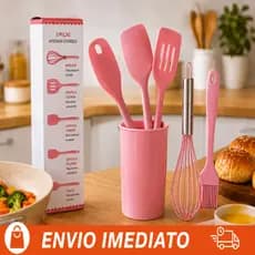 Kit Utensílios de Cozinha Silicone 5 Peças Premium Espátulas Batedor Pincel Antiaderente Resistente