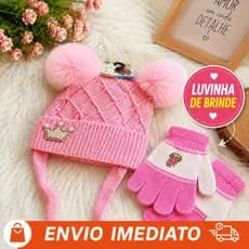 🌸 Kit Touca Infantil Feminina com 2 Pompoms + Luvinhas brinde Rosa Inverno Quentinha Menina 1 a 6 Anos 🌸