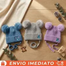 Touca Infantil Stitch de Inverno com Pompons Quentinha Forrada Ajustável 1 a 6 Anos Menina