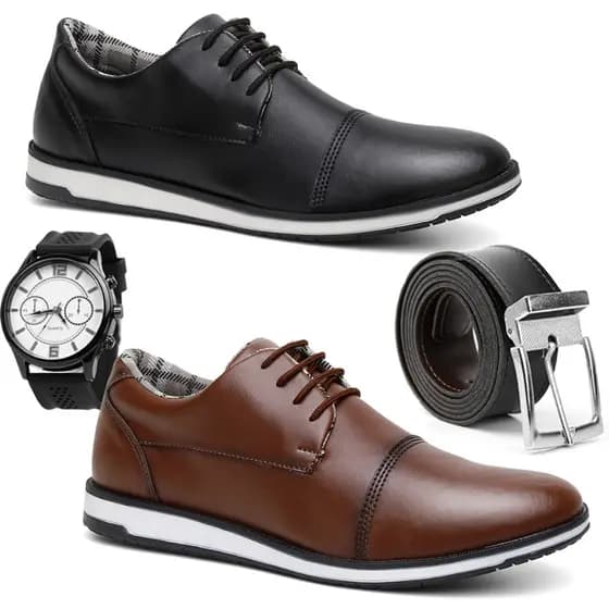 Kit 2 pares Sapato Social Masculino Oxford Couro Sintético + Relógio + Cinto