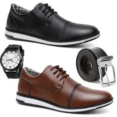 Kit 2 pares Sapato Social Masculino Oxford Couro Sintético + Relógio + Cinto