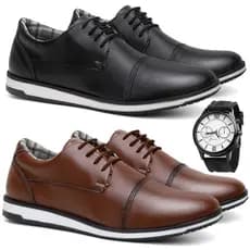 Kit 2 pares Sapato Social Masculino Oxford Couro Sintético + Relógio