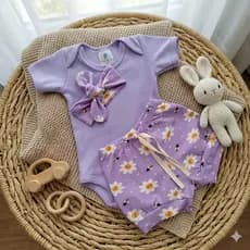 Conjunto Bebê Feminino Body Branco + Short Rosa Estampado com Faixa Look Infantil Confortável