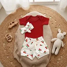 Conjunto Bebê Menina 3 Peças Kit Body Manga Curta Short Estampado Tiara Laço Cabelo Recém Nascido