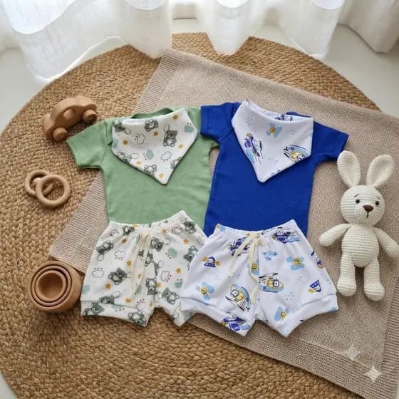 Kit 2 Conjuntos Dia-a-dia Bebe Verão Menino Short, Body E Babador Bandana Estampas Variadas Malha Algodão
