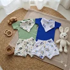 Kit 2 Conjuntos Dia-a-dia Bebe Verão Menino Short, Body E Babador Bandana Estampas Variadas Malha Algodão