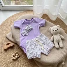 Conjunto Bebê Verão Body  Short  Babador Bandana 100% Algodão Estampas Variadas RN