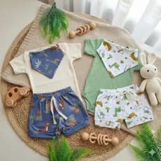 Kit 2 Conjuntos Bebe Verão Menino Short, Body E Babador Bandana Estampas Variadas Malha Algodão