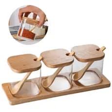 Kit 3 Potes de Vidro quadrado Jogo Bandeja Bambu com Colheres Açucareiro Café