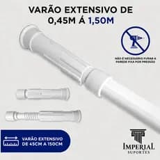 Varão Extensivo Ajustável 0,45m à 1,50m Cortina Box Banheiro Cozinha Suporte S/ Furo Branco Retrátil