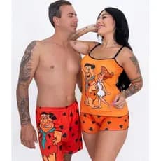 Pijama Casal Flintstones ShortDoll + Samba Canção Moda Masculina Feminina Conforto Estilo Dormir