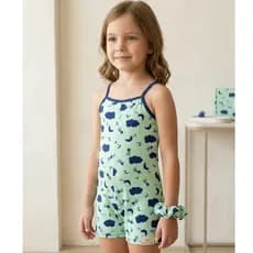 Kit 2 Pijama Macaquinho + Lacinho Moda Infantil Menina Conforto Para Dormir Kids Estampado Macacão