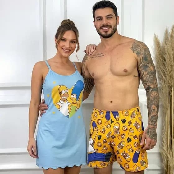 Pijama Casal Camisola Vestido + Samba Canção Moda Masculina e Feminina Conforto e Estilo Para Dormir