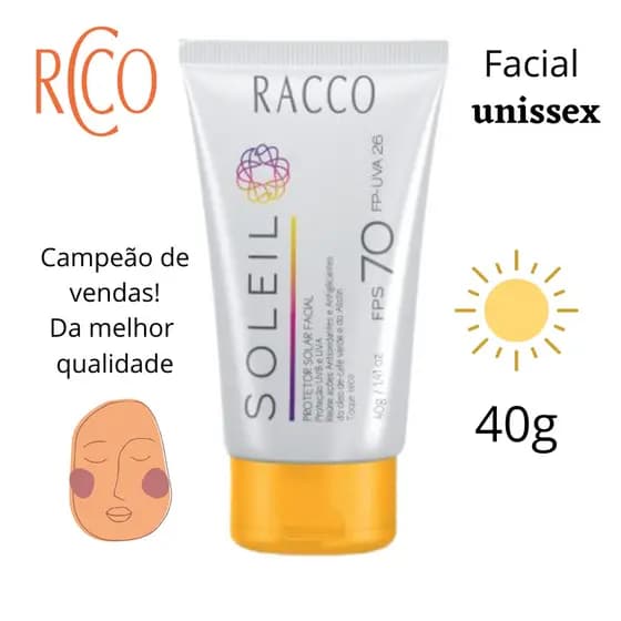 Protetor Filtro Solar e Digital FPS 70 Racco 40g Facial Homem e Mulher