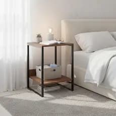 Mesa de Cabeceira Estilo Industrial Tókio Base de Ferro Tampo de Madeira Decoração para Quarto
